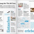 Das Bild zeigt eine aufgeschlagene Buchseite mit Informationen über Einkaufsorte in Rom. Links „Flanieren,“ rechts „& stöbern.“