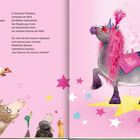 Zwei Seiten eines Kinderbuchs. Links: Tiere staunen. Rechts: Ein schwarzes Einhorn mit pinker Mähne, umgeben von Sternen.