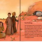 "Karfreitag. Der Karfreitag erinnert an das Sterben und den Tod Jesu..." zeigt eine Illustration einer Landschaft mit drei Kreuzen, betrübte Personen.