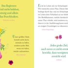Links Zitate von Katharina von Siena, Oliver Goldsmith, rechts Arthur Schopenhauer, Lü Buwei. Blumenillustration.