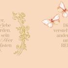 Zwei Zitate über Liebe, verziert mit floralen Ornamenten, Schmetterlingen und einer Blume.
