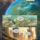 Planet Erde, wie sie der Menschheit unter Quarantäne. Futuristische Raumfahrzeuge umkreisen eine grüne, verlassene Stadt.