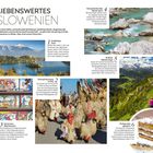 Titel: "Liebenswertes Slowenien". Texte betonen Natur, Kultur und Freizeitaktivitäten wie Kajakfahren und Wandern. Enthält Bilder von Seen, einem Fastnachtsumzug, Kunstwerken, Wanderwegen und einer Torte.