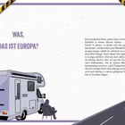 Text: "Was, das ist Europa?" und ein längerer Absatz über ungewöhnliche Orte in Europa. Illustration: Wohnmobil auf Straße.