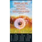 Zitat von Aegidius von Assisi über Glück, dekoriert mit einem blühenden Löwenzahn und einem Kalender für April bis Juni.