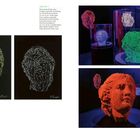 Linke Seite: Skizzen von Köpfen, rechts oben: fluoreszierende 3D-Skulpturen in Vitrinen, bunte Köpfe in dunklem Raum.