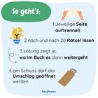 "So geht's": 1. Seite auftrennen 2. Rätsel lösen 3. Lösung zeigt den nächsten Schritt 4. Umschlag öffnen. Illustration mit Glühbirne.