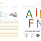 "N wie Nashorn" in gelber Schrift, Übungsanweisungen für N und n mit Abbildungen von Buchstaben und einem Nashorn.
