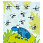 Welche Fliege fängt Frosch Frieder als letztes? Verbinde die Zahlen von 10 bis 1, rückwärts. Illustration: Ein blauer Frosch.