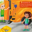 "Bei der Müllabfuhr" - Zwei Kinder bei einem Müllwagen. Sie leeren Tonnen. Illustration mit orangefarbenem Fahrzeug im Hintergrund.
