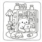 Eine Katze mit Laptop sitzt vor einem offenen Kühlschrank, daneben schläft eine Katze. Pflanzen und Lampe sind zu sehen.