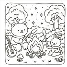 Ein Bär und ein Hase sitzen mit Marshmallows am Lagerfeuer, umgeben von Bäumen und Sternen. Eine Gitarre liegt daneben.