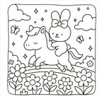Ein Hase auf einem Pony, umgeben von Blumen, Schmetterlingen und Wolken, voller Sterne in einer verspielten Illustration.