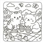 Illustration: Zwei niedliche Katzen sitzen auf einer Picknickdecke mit Tassen, Muffins, Erdbeeren und Schmetterlingen.
