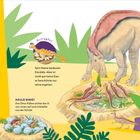 "Kleine Dinos werden groß", "Wer schlüpft hier?", "Hühner-Ei", "Straußen-Ei", "Dinosaurier-Ei", "Hallo Dino!", "Dino-Mama". Links: Text über Dino-Nester. Rechts: Illustration mit Dinosauriern und Eiern.