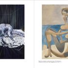 Links "Francis Bacon, Zwei Figuren, 1953". Rechts "Pablo Picasso, Badende, am Meeresstrand sitzend, 1930".