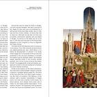 Links: Text über Jan van Eyck in Brügge, Ghent Altarpiece und künstlerische Betätigungen. Rechts: Eine religiöse Malerei mit Architektur.