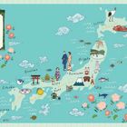 Illustration von Japan. Oben links Text: "Japan" und japanische Schriftzeichen. Bunte Symbole auf der Landkarte.