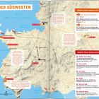 „Der Südwesten“ in Orange. Texte beschreiben Sehenswürdigkeiten, wie „Sunset Cala Conta“ und „Marco Polo Highlights“. Eine detaillierte Karte zeigt Orte und Routen.