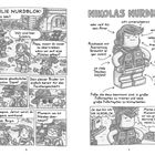 Comic-Illustration: Links sprechen Figuren über eine Mission. Rechts ist eine Figur mit Notizen wie "fest entschlossen".