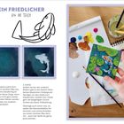 Text: "EIN FRIEDLICHER Koi IM TEICH". Zwei Anleitungen zum Malen eines Koi. Bild zeigt Hand mit kleiner Leinwand, Pinsel, Farben.
