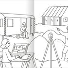Illustration: Drei Bauarbeiter mit Plänen und Laptop, in Baugebiet mit Bauwagen, Kran, und Hausrahmen.