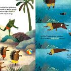Herr Frosch erklärt den Igelkindern das Schwimmen. Karpfenkinder sagen, es ist einfach. Illustration mit Tieren am Wasser.