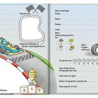 Kindgerechtes Layout mit Rennwagen, Reifen und Racing-Themen. Enthält Felder zum Ausfüllen persönlicher Informationen.
