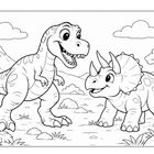Illustration zweier fröhlicher Dinosaurier in einer Landschaft mit Vulkan, Bäumen und Wolken.
