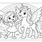 Ein Mädchen hält einen Zauberstab und steht neben einem geflügelten Einhorn. Im Hintergrund sind Blumen und ein Regenbogen.