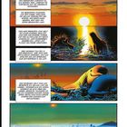 Texte beschreiben Wale bei Sonnenuntergang am Meer. Farbenfrohe Illustration mit fantasievoller, beruhigender Atmosphäre.