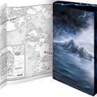 Karte mit "DOMINION-GEBIET", "MYRA". Daneben Buchcover: Stürmisches Meer, Blitze, entfernte Berge.