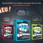 "Überall erhältlich, www.schätz-mal.de. NEU! Drei farbige Spieleboxen. Fragen zu Küssen, Schlüsseln, Fersen stehen."