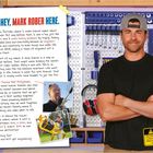 „HEY, MARK ROBER HERE.“ Ein Mann in schwarzem Shirt vor einer Werkzeugwand. Links Text über Wissenschaft und Experimente.