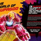 "THE WORLD OF SUPAGOO" und "I'M BLAZAGON" sind prominent. Illustration eines roten, kämpferischen Wesens mit gelbem Haar.