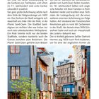 Text: "Stadtgeschichte ... An den Kanälen von Pont-Audemer siedelten sich ab dem Mittelalter Gerber an." Oberer Teil: Text. Unterer Teil: Malerische Architektur an einem Kanal.