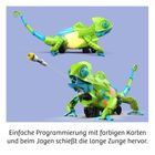 Einfache Programmierung mit Karten. Roboter-Chamäleon: leuchtend grün, blaue Details, schießt Zunge zum Jagen.