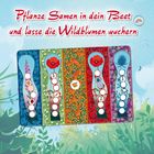 „Pflanze Samen in dein Beet und lasse die Wildblumen wuchern“ in roter Schrift. Darunter bunte florale Muster.