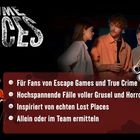 Texte: "Für Fans von Escape Games und True Crime. Hochspannende Fälle voller Grusel und Horror. Inspiriert von echten Lost Places. Allein oder im Team ermitteln." Im Hintergrund vier Personen in dunkler Umgebung. Links oben ein stilisierter Mensch mit Kapuze und Schlüssel.