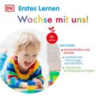 Text: Erste Schritte, Wachse mit uns, 2+ Jahre, Lernziele. Bild: Lächelndes Kind mit Bausteinen.
