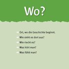 „Wo?“ und fünf Fragen zur Beschreibung eines Ortes auf einem zweigeteilten, grünen Hintergrund.