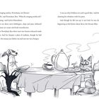 Text beschreibt eine Teepause mit sardinem Futter für Jimjam und gelbe Handschuhe für Pernickety Boo. Illustration: Hund und Katze essen an Tisch.