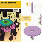 "Eye of Ender Hideout" zeigt ein violettes Gebäude, umgeben von schwarzen Säulen und Endermen, mit Bauanleitung und Schwierigkeitsgrad.