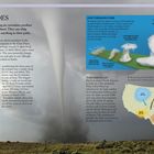 **TORNADOES:** Wirbelnde Luftkanäle, stärkste Winde. **HOW TORNADOES FORM:** Warmluft trifft auf Wolken, bildet Wirbel. **TORNADO ALLEY:** Viele Tornados. Illustration zeigt Tornados, Karte der USA.