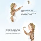 Ein Mädchen steht unter blühenden Bäumen, voller Vögel, während Möwen am Boden sitzen. Texte beschreiben Vogelgesang.