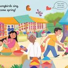 Text: "Flowers bloom and songbirds sing, Holi’s here to welcome spring! How many birds can you count?" 

Illustration zeigt fröhlichen Marktplatz mit bunten Farben und Vögeln im Frühling.