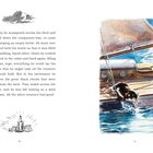 Text beschreibt das aufregende Treiben eines Wesens auf einem Schiff. Illustration zeigt ein Tier am Wasser, welches eine Flasche hält.