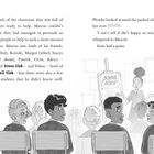 Text beschreibt Schüler in der Klasse. Illustration zeigt Schüler und eine Tafel mit "School Disco". Schüler sitzen und schauen nach vorne.