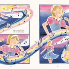 "DOLLY SANG AT THE TOP OF HER LUNGS!" Illustration mit singendem Mädchen, Musiknoten, Schmetterlingen und fröhlicher Sonne.