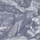 Oben rechts steht "Nox". Eine mythologische Szene mit schlafendem Mann, Eule, Fackeln und Figuren in einer Landschaft.